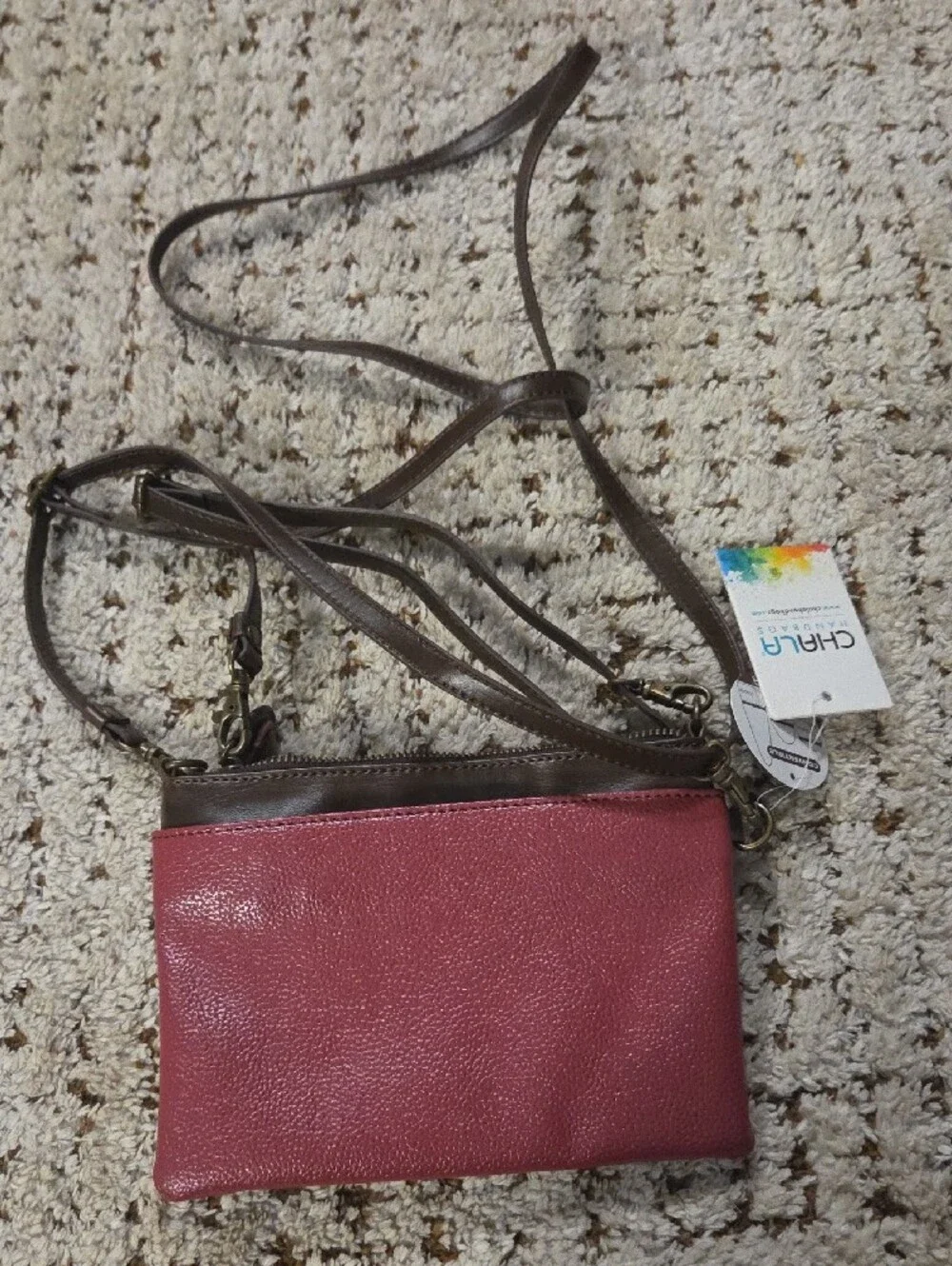 Chala Pink Crossbody Wristlet with Brown Strap
